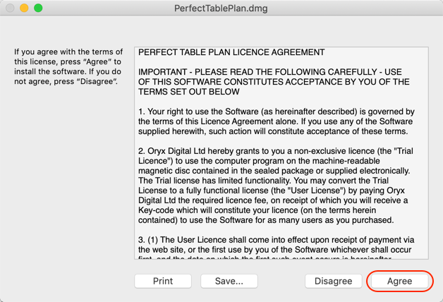 PerfectTablePlan Mac licence agreement