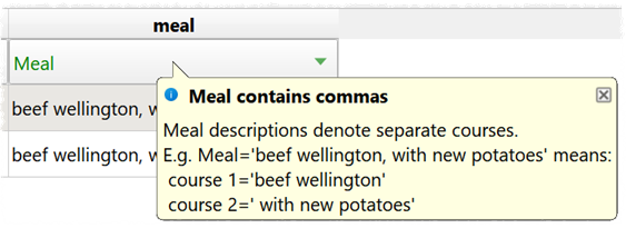 Meal import warning