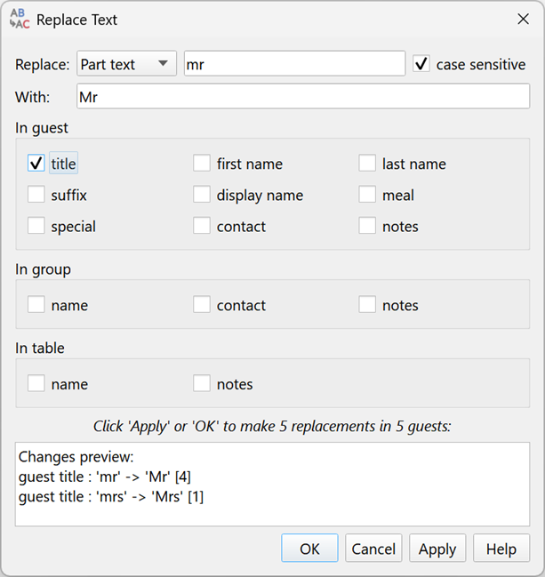 Replace text in guests, groups and/or tables