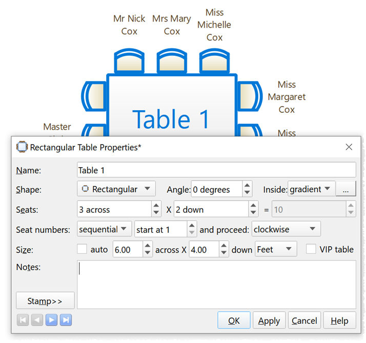 set table size and seats