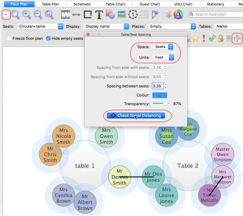 check social distancing on a seating plan