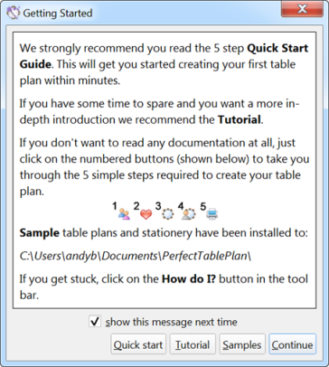 PerfectTablePlan getting started window