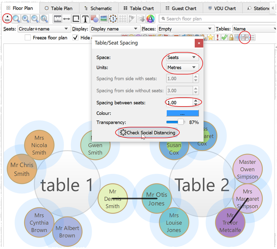 check social distancing on a seating plan