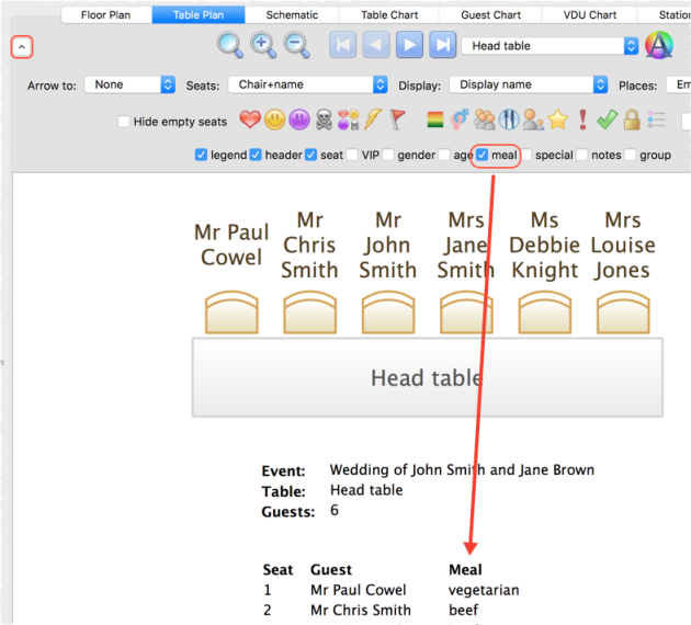 show meal on table plan