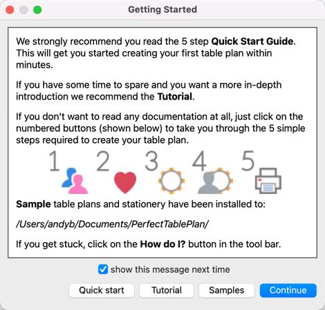 PerfectTablePlan getting started window PerfectTablePlan getting started window