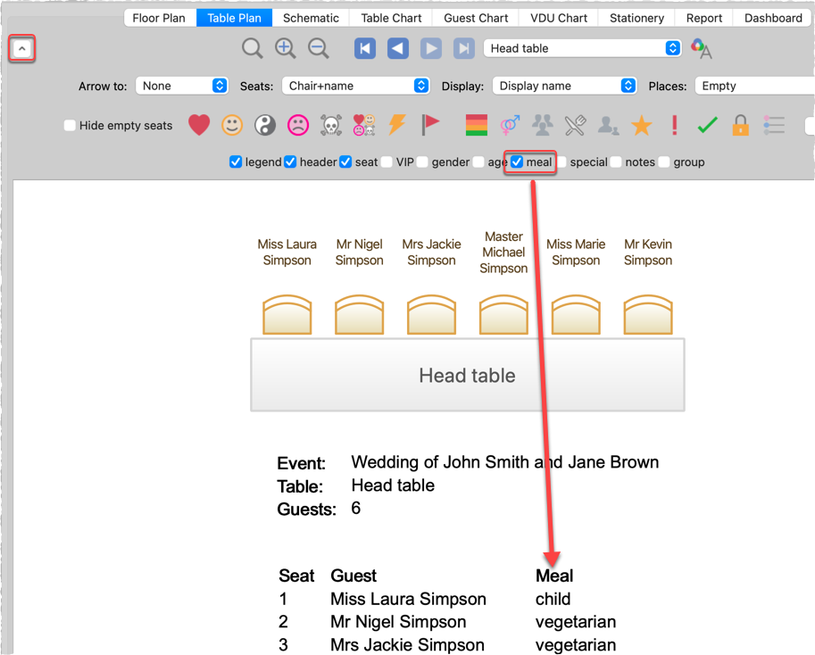 show meal on table plan