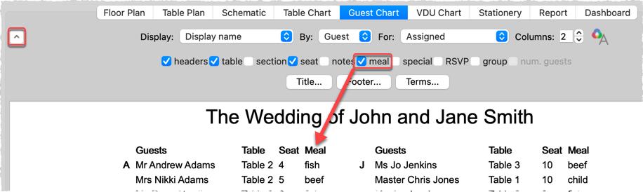 show meals on guest chart