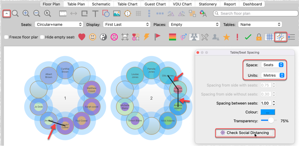 check social distancing on a seating plan