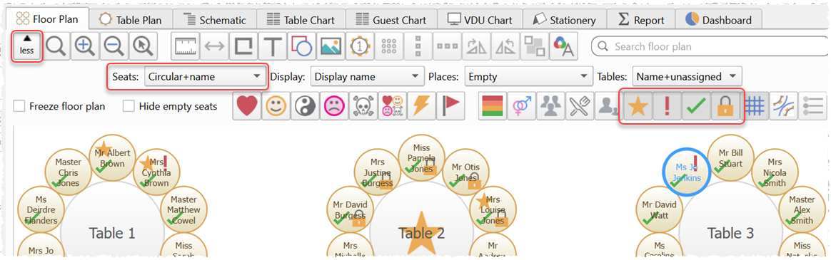 show VIP/Special/RSVP/locked status in the floor plan