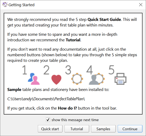 PerfectTablePlan getting started window PerfectTablePlan getting started window