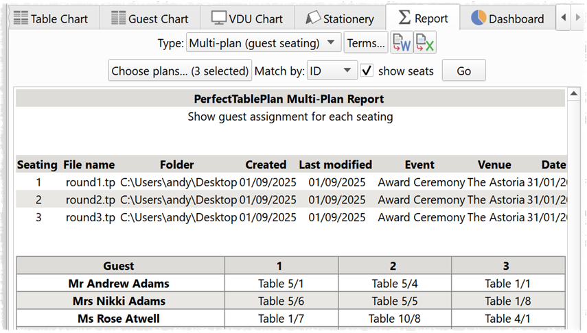 Report guest table and seat across multiple seatings