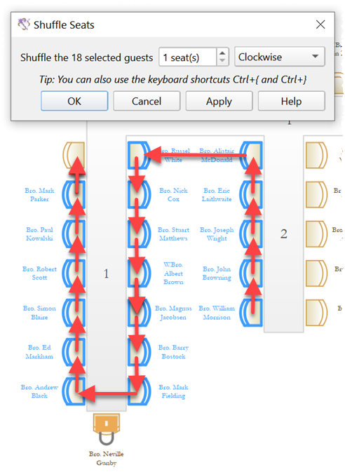 Shuffling seats on an E-shaped table