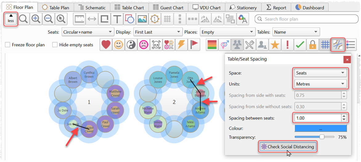 check social distancing on a seating plan