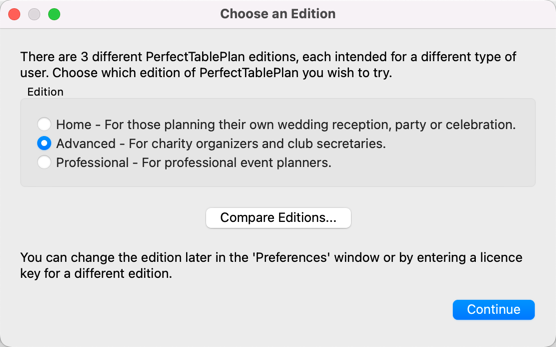 PerfectTablePlan editions window PerfectTablePlan editions window