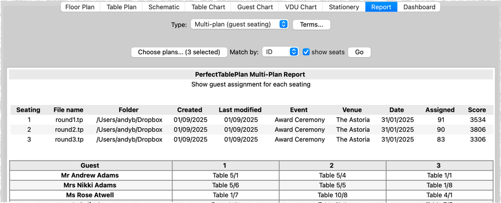 Report guest table and seat across multiple seatings