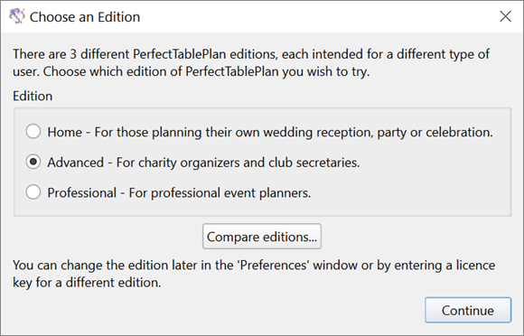 PerfectTablePlan editions window PerfectTablePlan editions window
